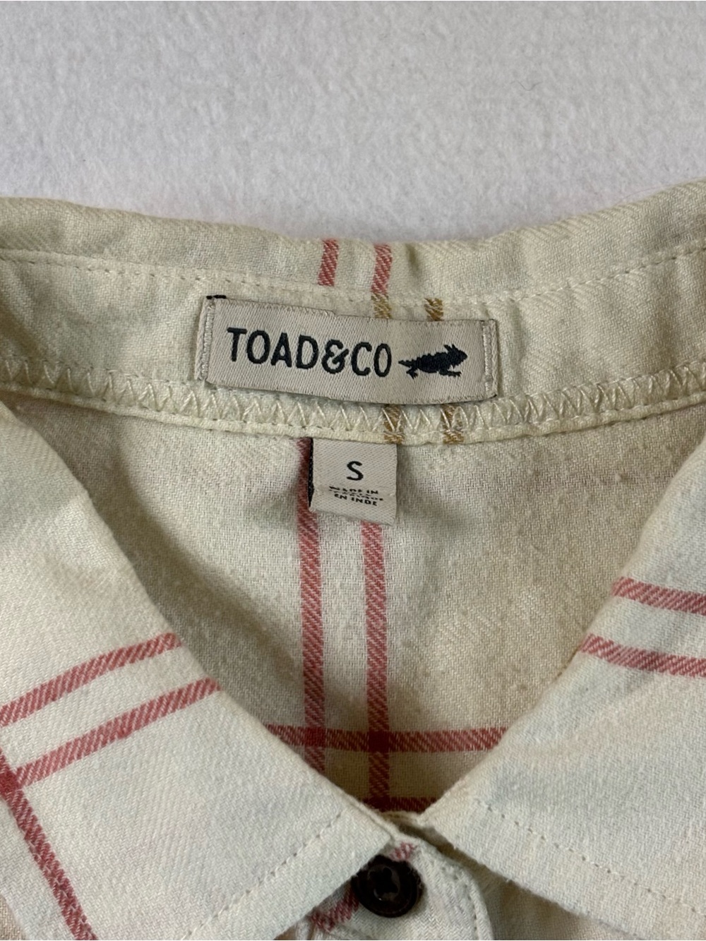 Toad&Co Cream Plaid Button-Down Shirt with Red and Tan Lines - Picture 3 of 6